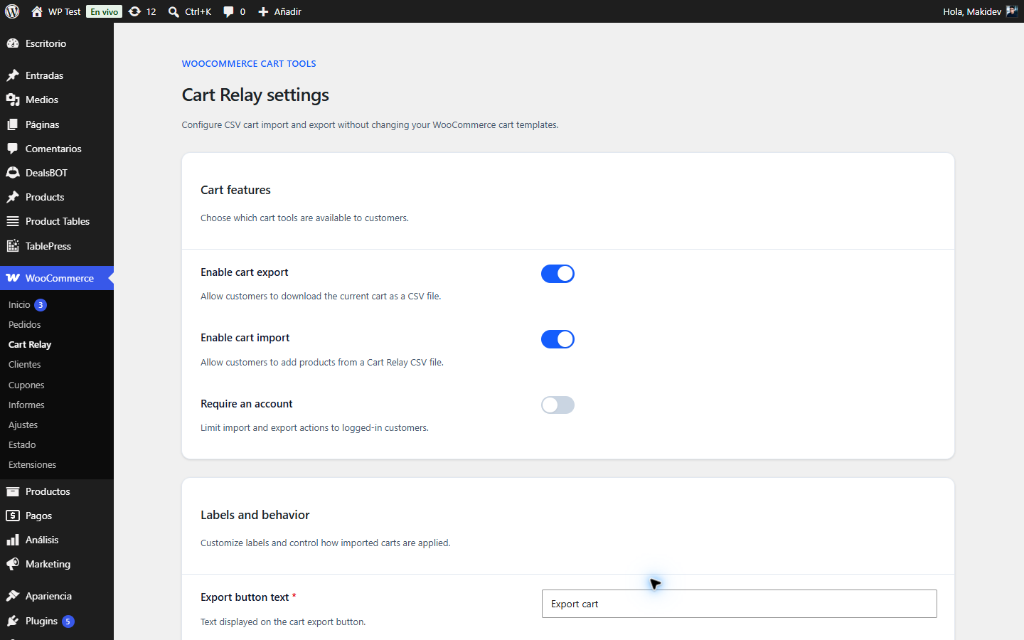 Cart Relay settings for cart import, export, access, labels, and placement