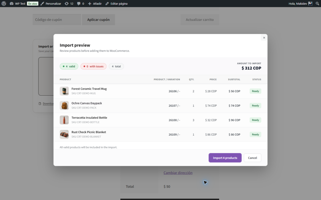 Validated WooCommerce products in the Cart Relay CSV import preview