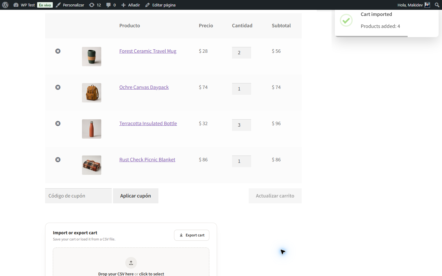 WooCommerce cart after a successful Cart Relay CSV import